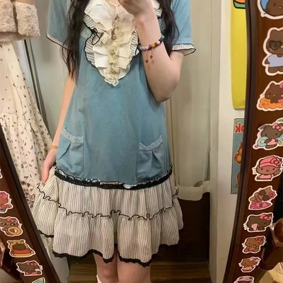 洋气时尚减龄高级感小个子休闲蓝色Polo领短袖连衣裙女夏2025新款