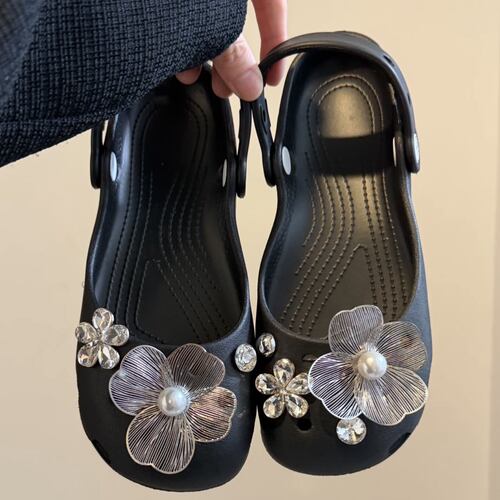黑色闪钻珍珠金属鞋花适配crocs