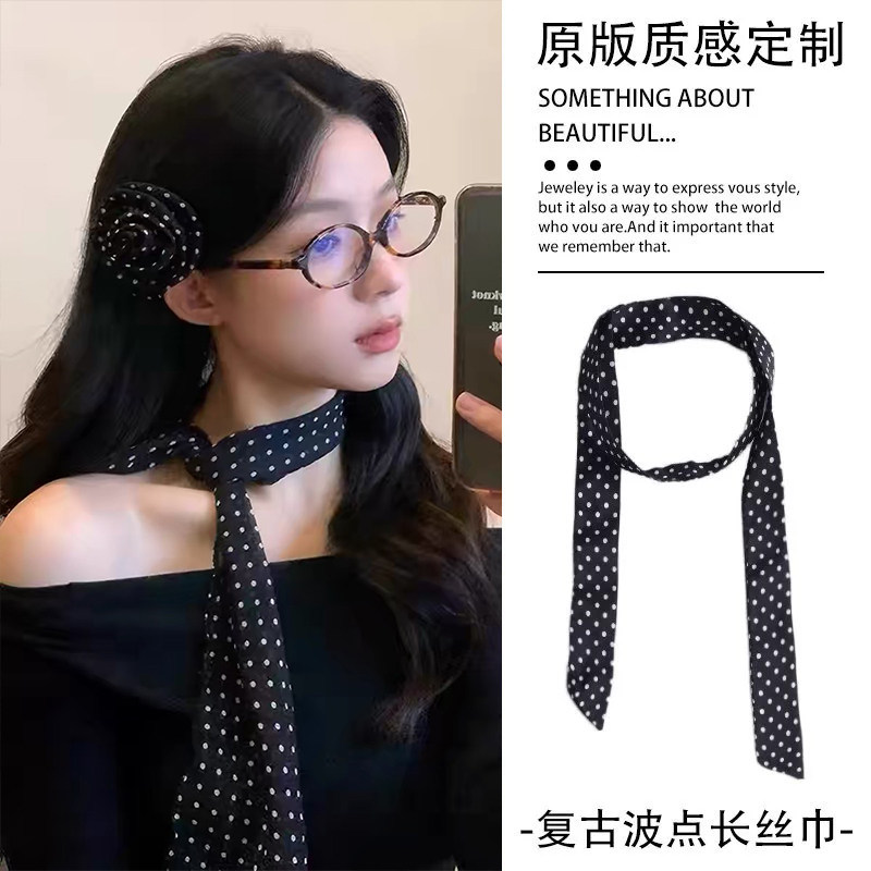 韩系黑色波点长条小丝巾夏图片