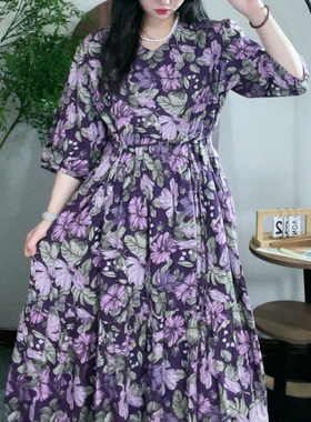 蛋糕裙棉绸中袖茶歇裙女春夏新款国风碎花宽松休闲显瘦爆款连衣裙