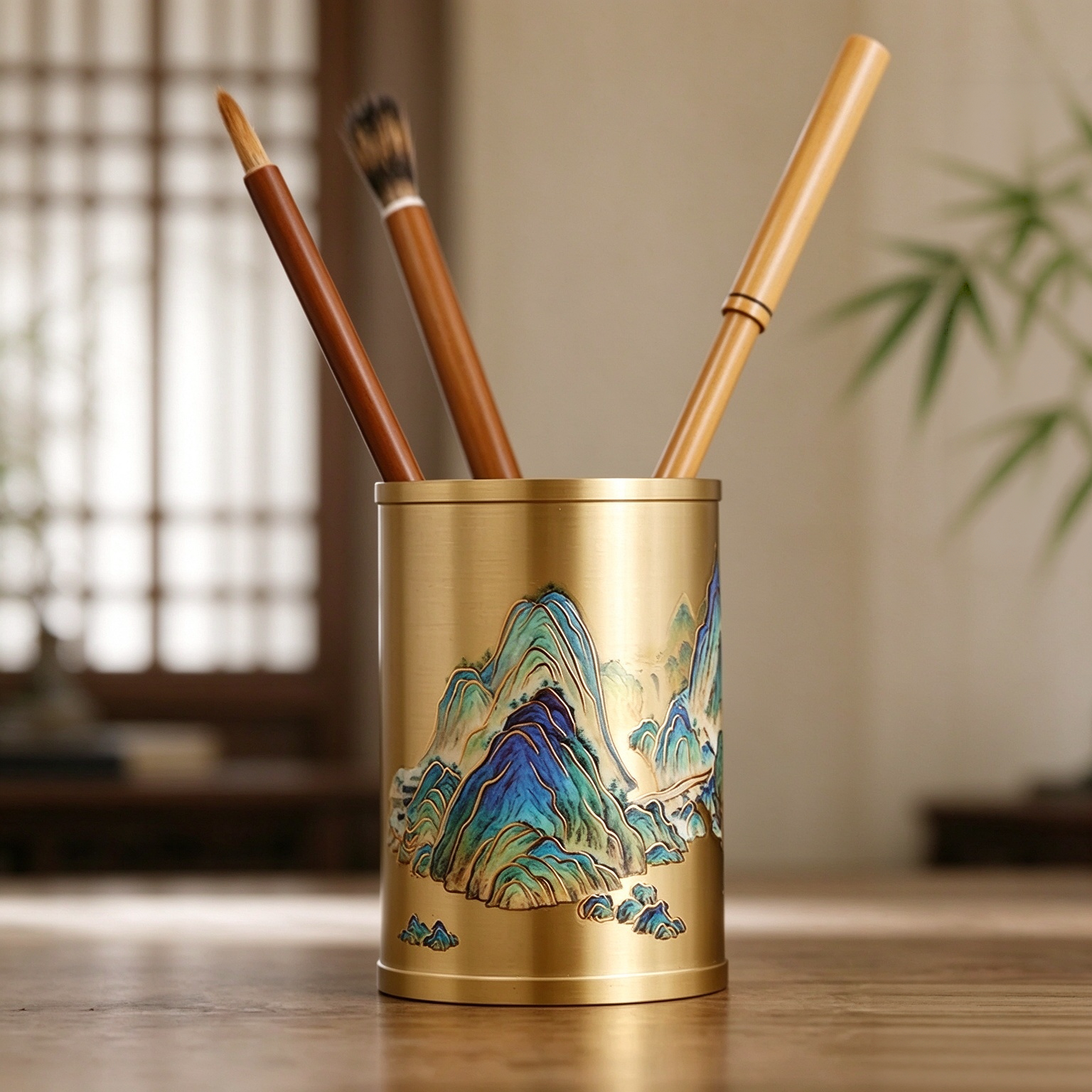 景阳阁黄铜彩绘笔筒千里江山