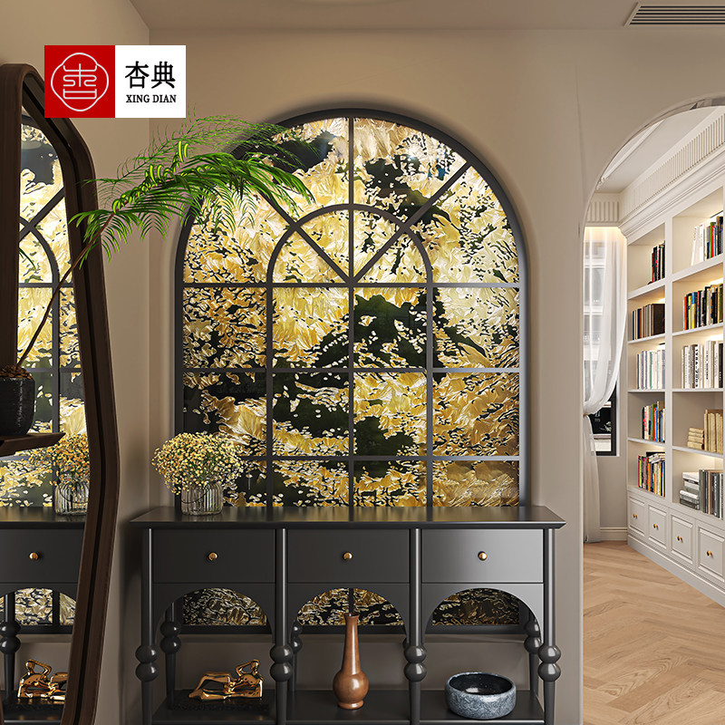 【杏典】珐琅彩纯手绘艺术玻璃法式隔断墙屏风半墙入户玄关拱形窗