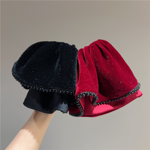 2025年秋冬新款复古黑色丝绒裙摆马尾抓夹重工珠珠气质发夹头饰女