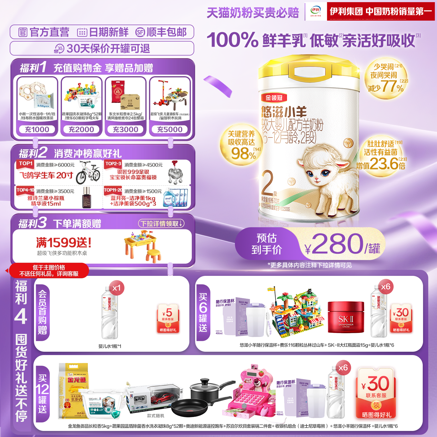 伊利金领冠悠滋小羊2段6-12个月婴幼儿低敏羊奶粉700g*1