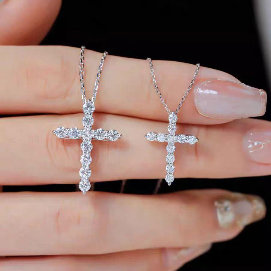 MGY正品铂金莫桑石满钻十字架项链吊坠时尚男女礼物18K金情侣款