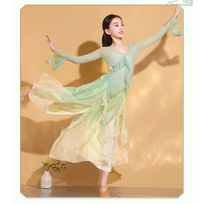 儿童古典舞蹈服中国舞纱衣身韵练功服女童民族舞渐变扇子舞演出服