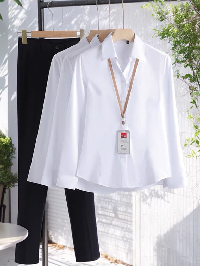 职业白色衬衫女长袖薄款2024春秋工装衬衣酒店前台接待工作服衬衣图片