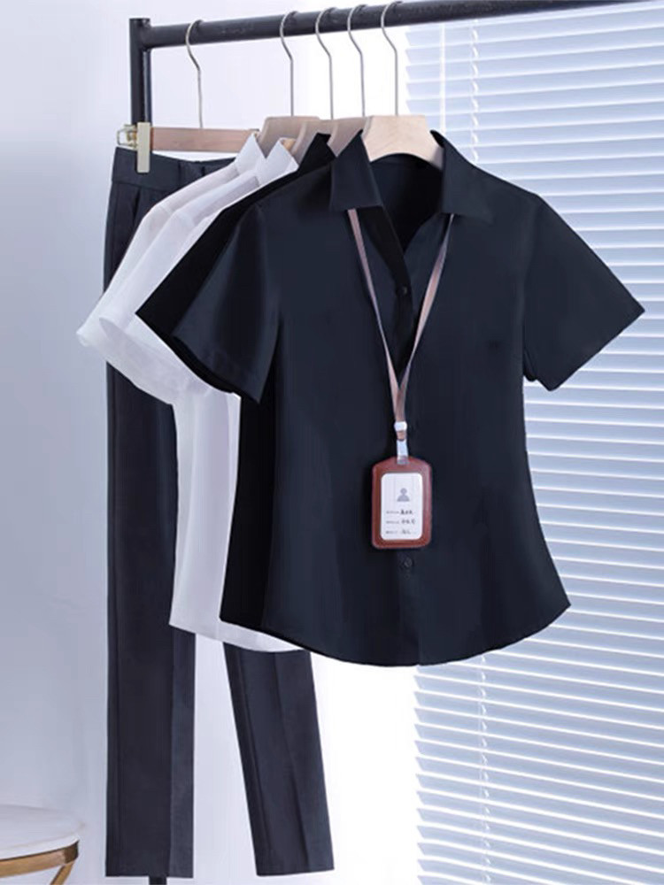 职业装V领黑色短袖衬衫女酒店面试工作服大码正装高档气质衬衣女