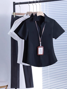 职业装V领黑色短袖衬衫女酒店面试工作服大码正装气质衬衣女