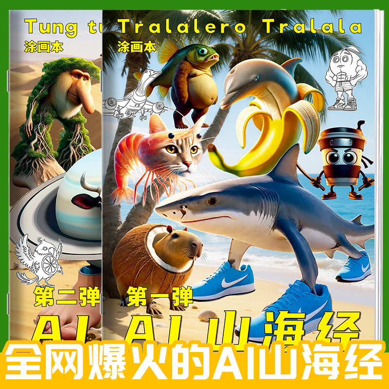 国外AI山海经描摹本通通哥木棍人线稿动漫涂色儿童益智画画本创意抽象动物元素无止境趣味临摹本鲨鱼绘画本
