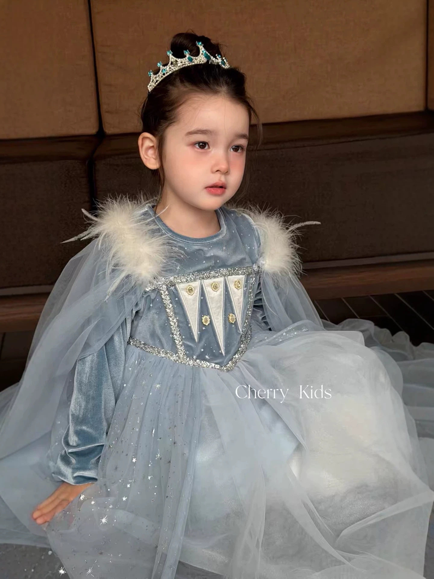 女童秋冬季新款爱莎公主裙女宝宝冰雪奇缘网纱连衣裙羽毛披风纱裙