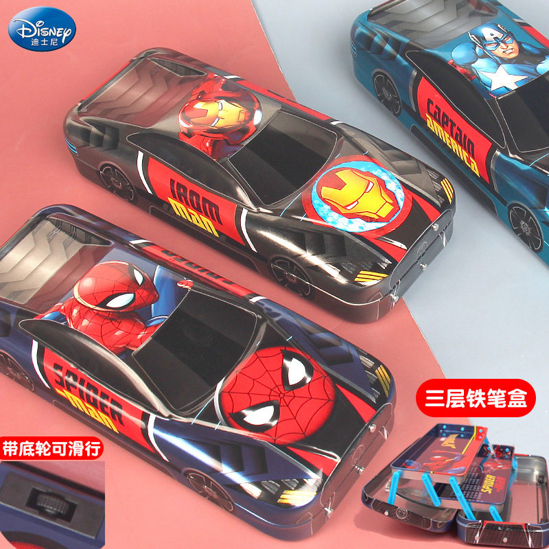 迪士尼漫威蜘蛛侠小学生男款儿童铁笔盒三层文具盒汽车造型铅笔盒