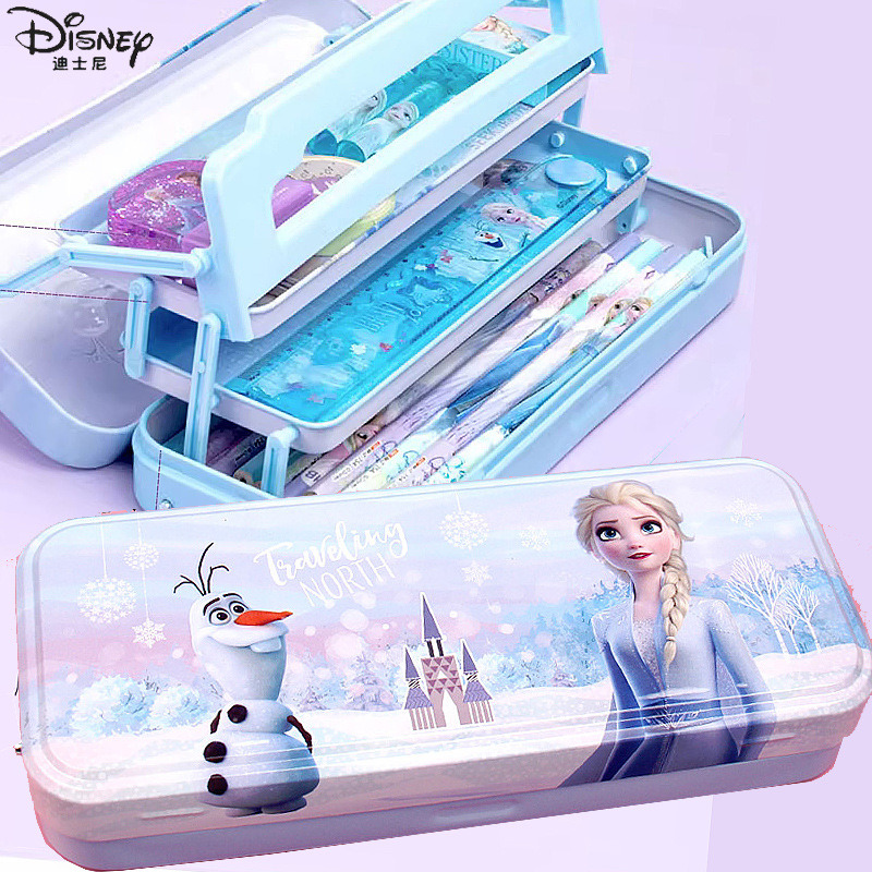 Disney迪士尼爱莎公主文具盒金属材质女孩阅读书架儿童幼儿园小学生用笔袋多功能高科技铁盒铅笔盒