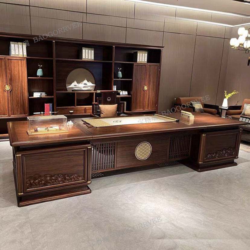新中式实木大班台老板桌办公桌椅组合乌金木花梨木总裁总经理定制
