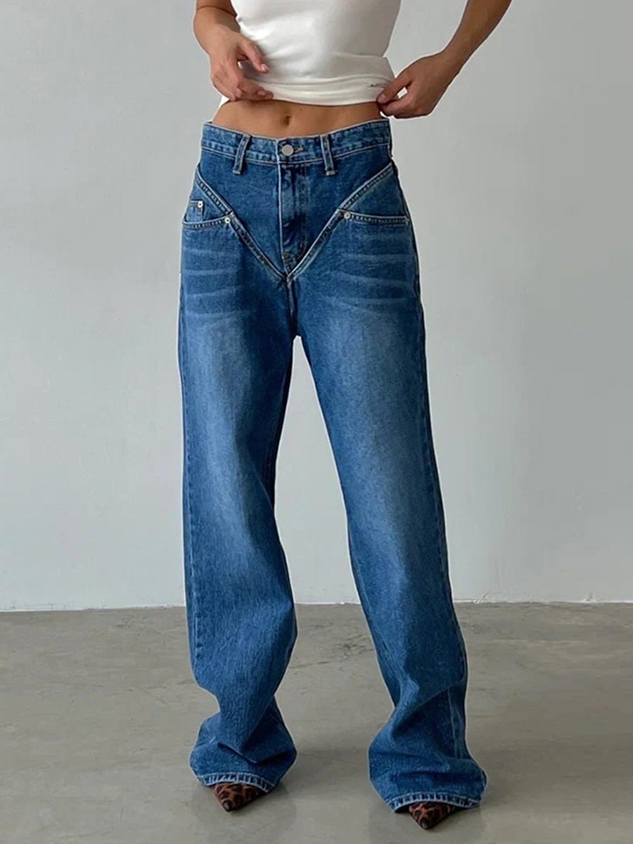 여성 청바지 전체 길이 빈티지 솔리드 컬러 워시 데님 P