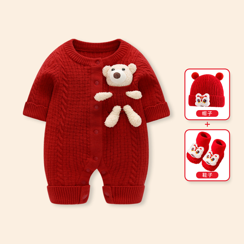 婴儿衣服宝宝满月百天红色连体衣