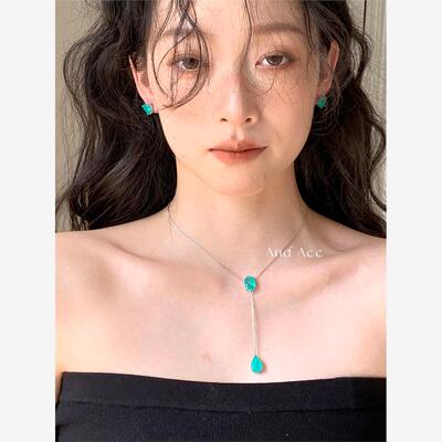 AndAcc高级感显白青色锆石轻奢小众设计可调节项链长吊坠锁骨链女
