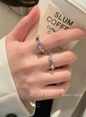 冷淡风不规则纹理月光石开口戒指女套装食指戒小众设计可调节指环