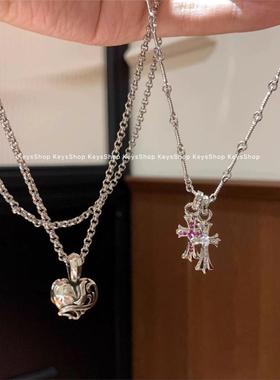 Keeeys|奶姐同款 粉钻十字架藤蔓爱心项链叠戴银色小众个性 现货