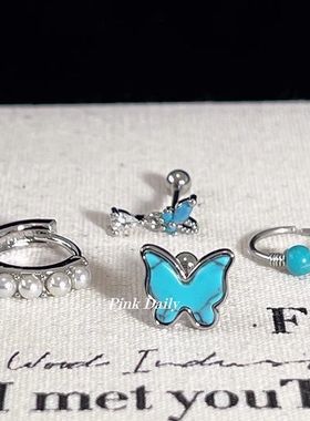 PinkDaily绿色不对称蝴蝶钛钢耳骨钉复古气质珍珠耳蜗钉耳环圈圈