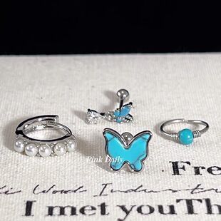 PinkDaily绿色不对称蝴蝶钛钢耳骨钉复古气质珍珠耳蜗钉耳环圈圈