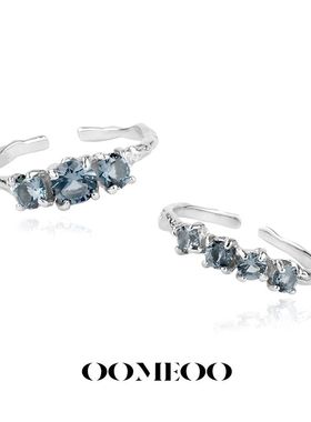 OOMEOO 小众设计蓝色锆石戒指嘻哈叠戴开口戒细极简时尚个性甜酷