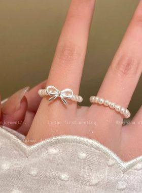轻奢~小众蝴蝶结仿珍珠戒指串珠