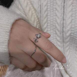 Lo独家温柔玫瑰花ins小众设计开口戒指指环尾戒简约气质大气戒指