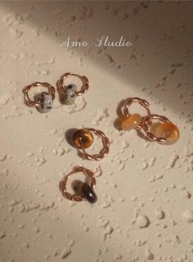 AMO园游会天然石头吊坠耳环原创小众ins高级圆圈耳扣复古时髦耳钉