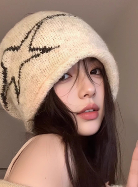 美式复古卷边针织堆堆帽大头围显脸小冷帽女款2025新款百搭毛线帽