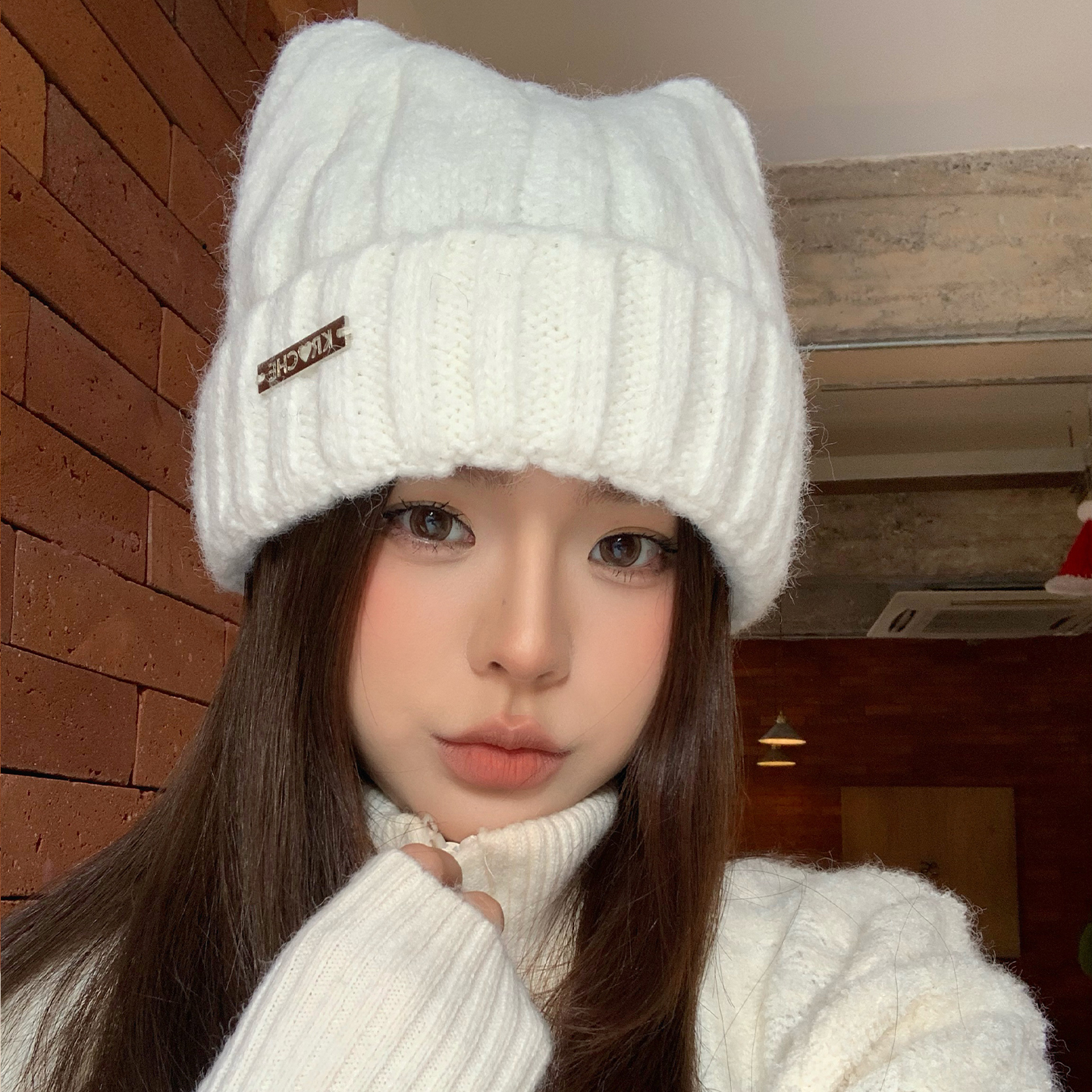 猫耳朵毛线帽加厚防寒针织毛绒帽