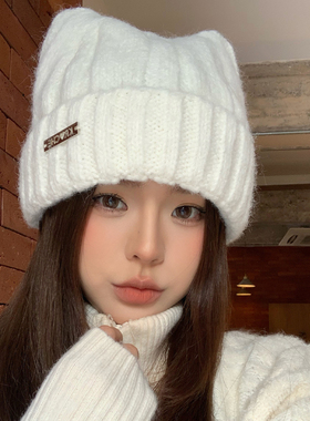 猫耳朵毛线帽大头围女款可爱冷帽子秋冬季加厚防寒保暖针织毛绒帽