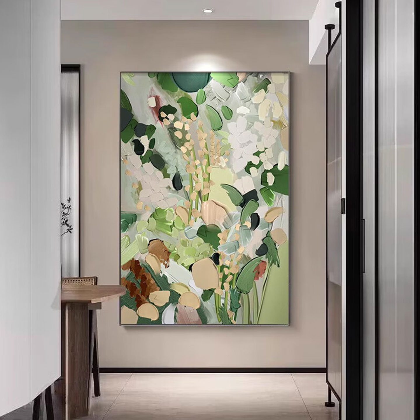 纯手绘油画大芬村客厅沙发背景墙落地壁画玄关绿色花卉抽象装饰画图片