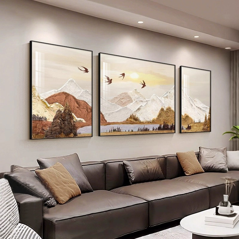 中古风客厅纯手绘挂画大芬村油画三联高级横幅沙发背景墙装饰画,家居饰品,油画,淘宝优惠券,粉丝福利购,淘宝优惠卷