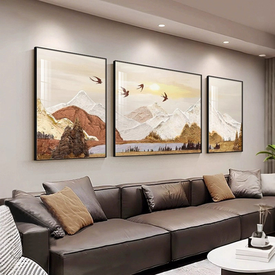 中古风客厅纯手绘挂画大芬村油画三联高级横幅沙发背景墙装饰画