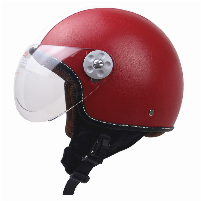 男女通用摩托车头盔半盔踏板车头盔皮革包裹复古风格流行头盔