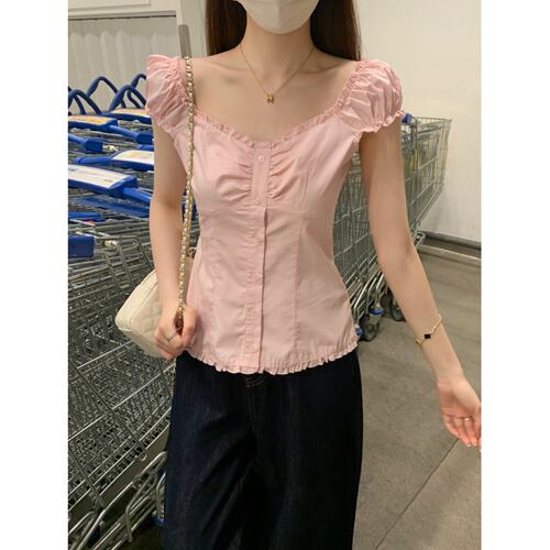miu系粉色短袖衬衣女夏季穿搭荷叶边收腰衬衣显瘦学院风甜美上衣