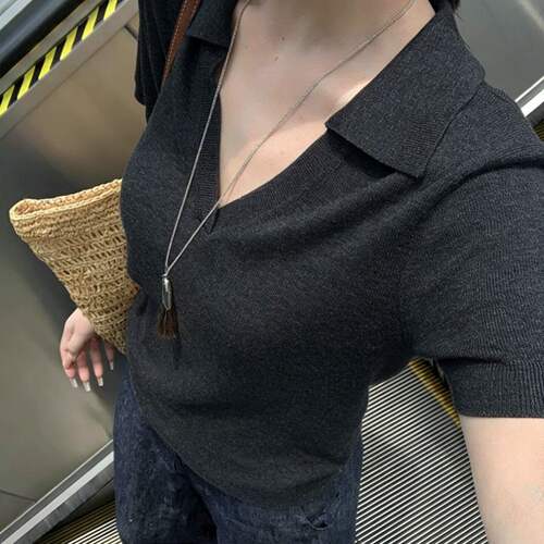 Polo衫高知漂亮上衣miu系老钱风深灰色翻领正肩短袖t恤女夏季气质