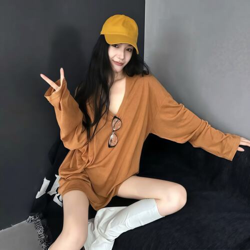 韩版松弛感辣妹风v领轻薄透气罩衫T恤女春夏新款宽松显瘦百搭上衣