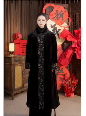 冬季气质时尚显瘦桑蚕丝丝绒中长款棉服25453