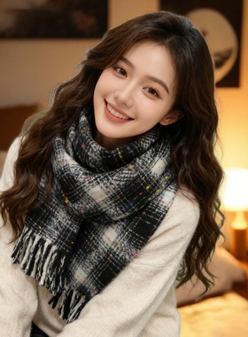 韩国小众设计感格纹围巾女秋冬季氛围感加厚保暖格子披肩学生围脖