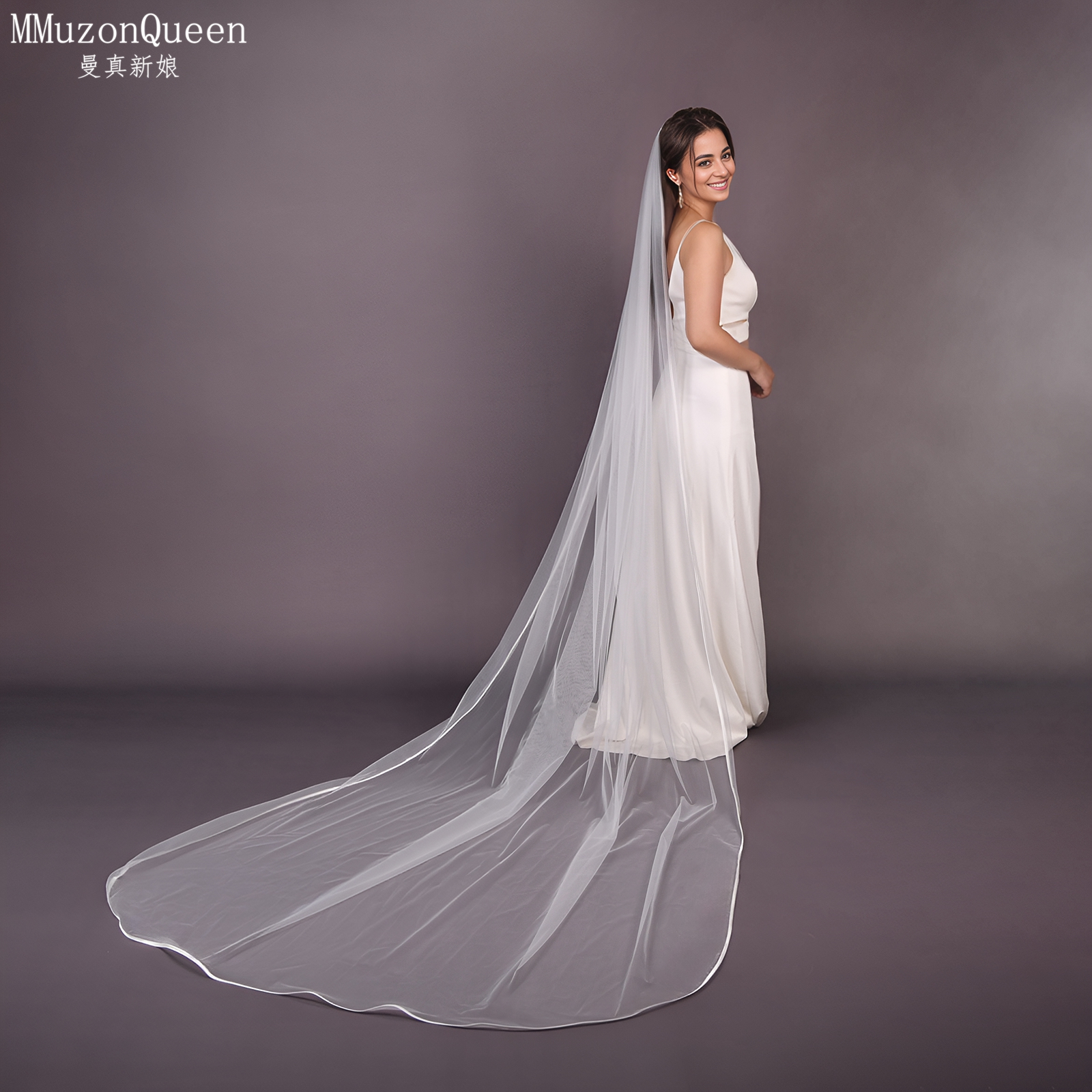 曼真简约百搭新娘头纱婚礼包边条锁边结婚登记订婚拍照道具V21-3