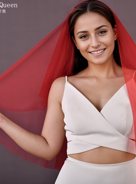 曼真新娘头纱红色短款双层软纱结婚婚礼配饰中国风外景街拍V28-R