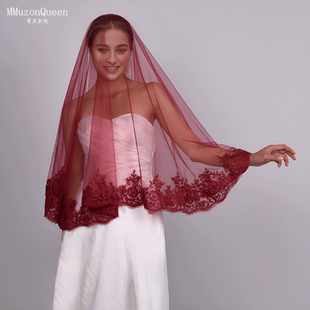 曼真新娘中国风简约酒红蕾丝边头纱红盖头婚礼配饰经典红头纱M115