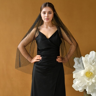 曼真黑色新娘头纱1米长闪亮白色亮片婚礼头纱领证求婚结婚纱M118