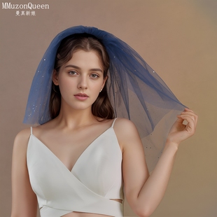 曼真蓝色洒金网纱蓬蓬短款头纱 红蓝紫色烫金纱双层小头纱V265