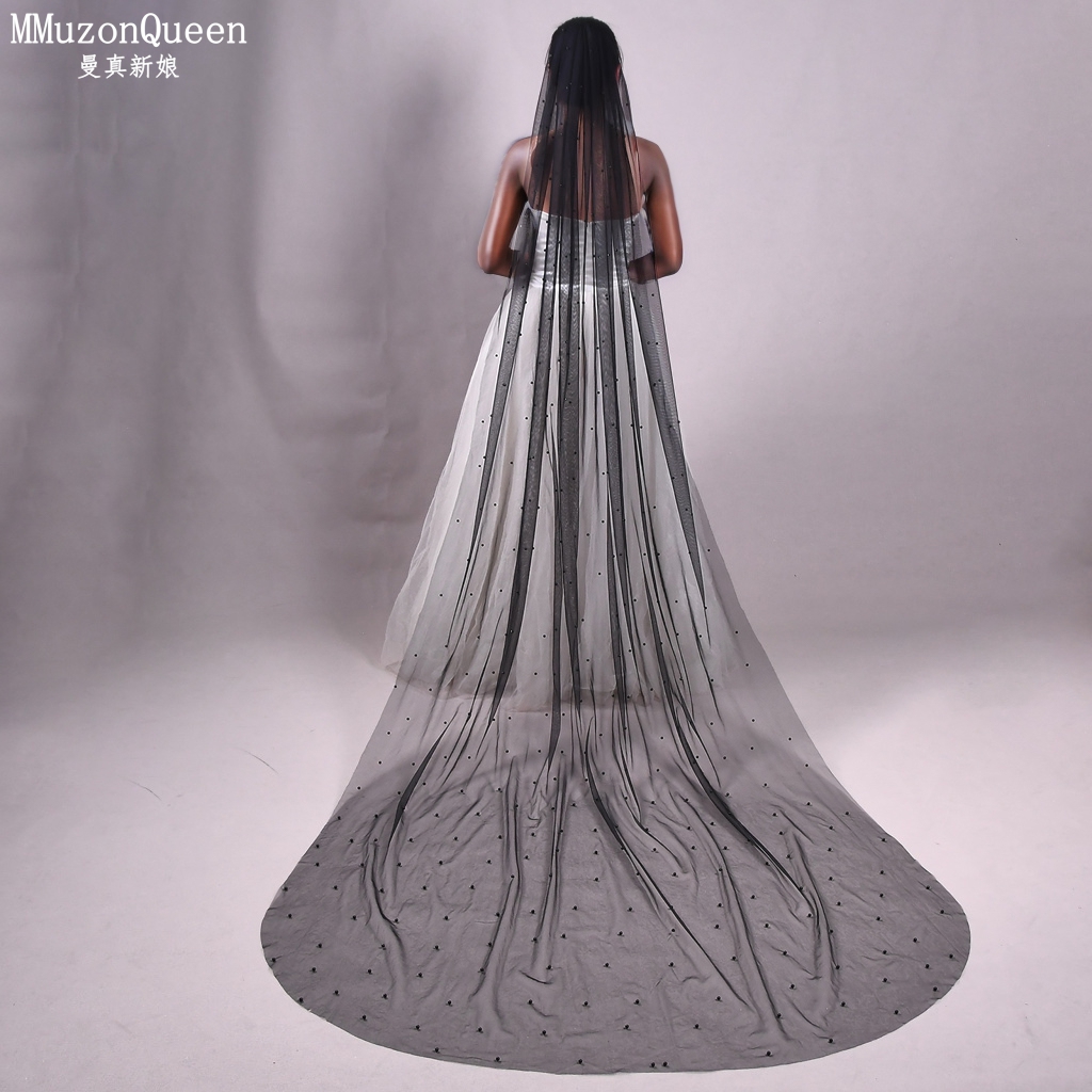 曼真黑色新娘头纱珍珠款长款拖尾婚礼拍照造型森系复古风V05-BY3