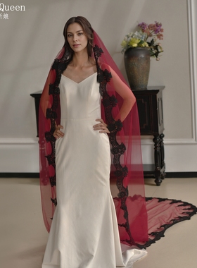 曼真新款拖尾新娘头纱黑色蕾丝花边婚纱礼服搭配拍照造型M185