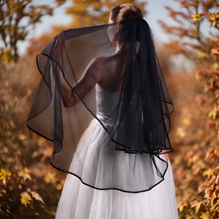 曼真新款 复古不规则黑边网纱V214 婚纱新娘黑色简约包边双层头纱