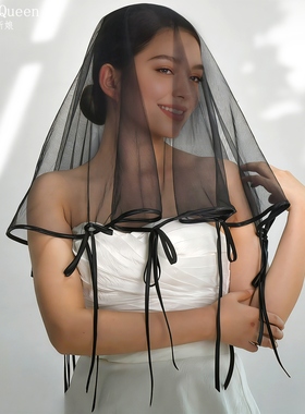 曼真黑色短款新娘头纱无发梳高级感蝴蝶结绑带结婚礼服配饰V310-B